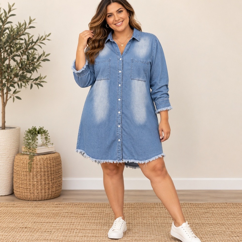 Zilcremo Womens Blue Denim Button Down Shirt Dress Frayed Hem XL
